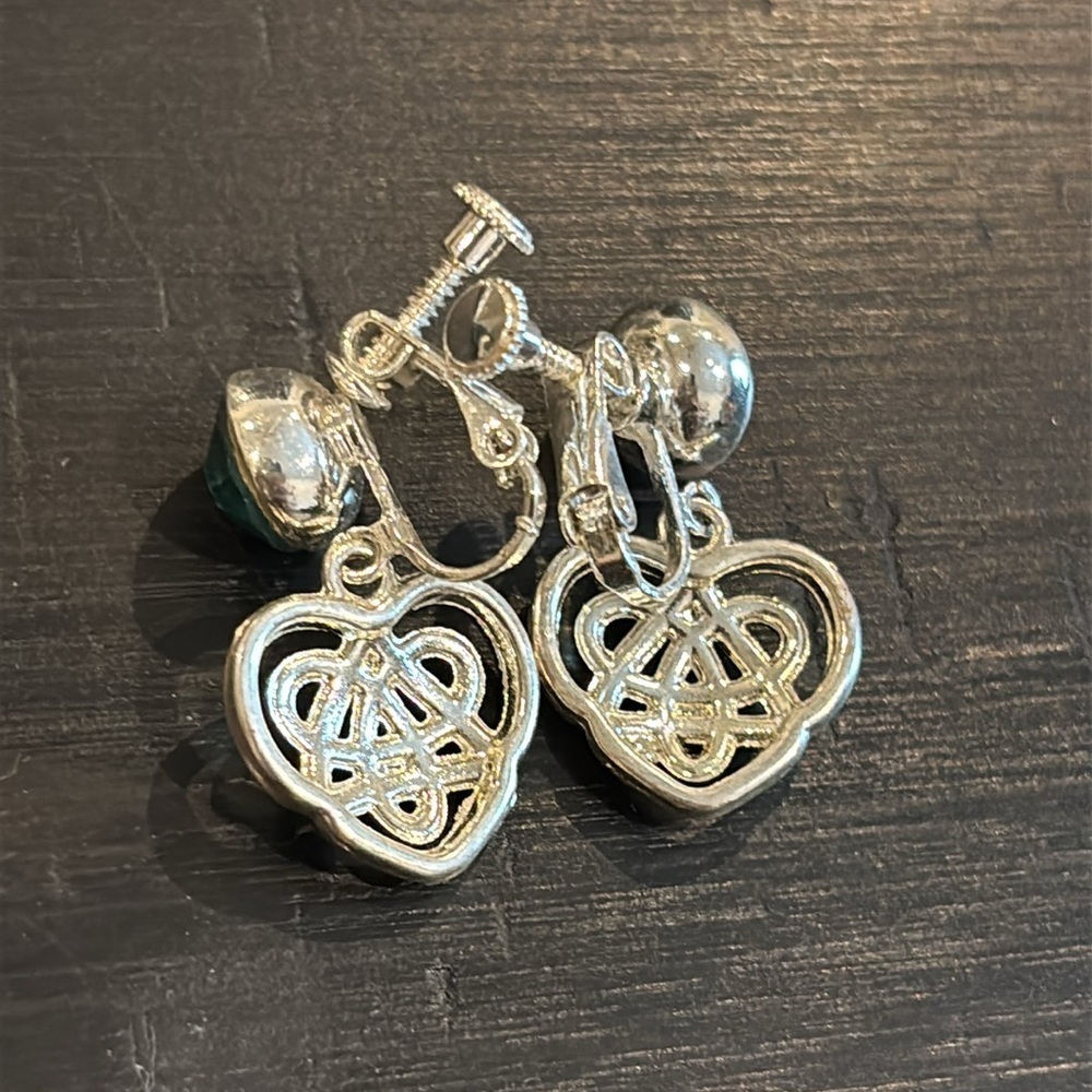 Silver Celtic Knot Drop Dangle Earrings Green Gemstone Rhinestone Screw Back - Picture 4 of 5
